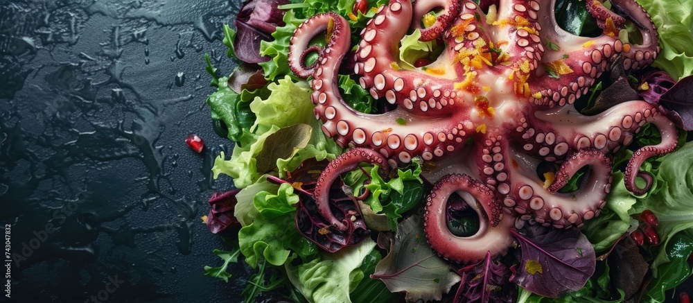 Aufkleber mixed salad topped with slices of marinated octopus tentacles and a spicy dressing. with copy space image. Place for adding text or design