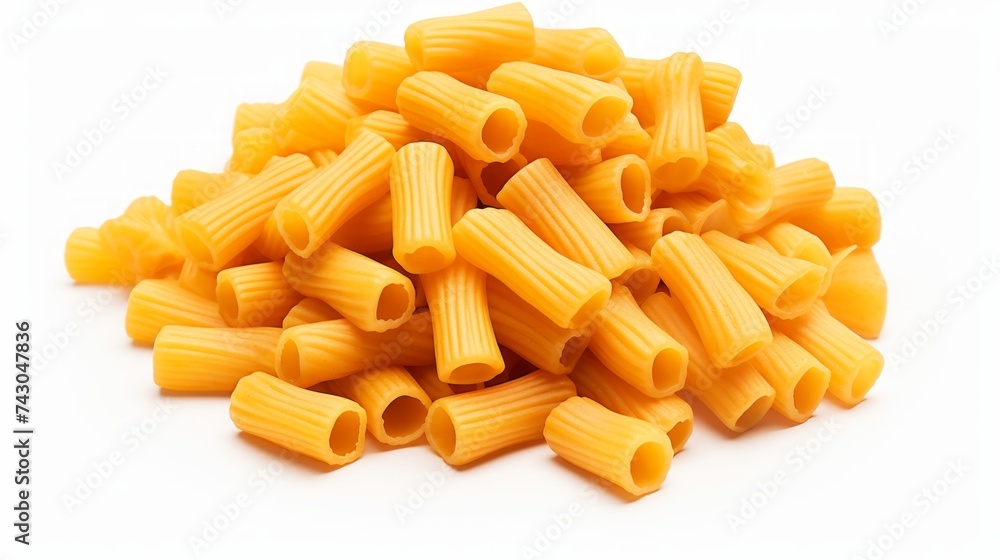 Poster close-up realistic photo featuring a small pile of rigatoni pasta on a white background generative a