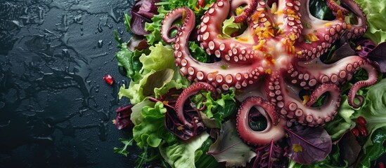 mixed salad topped with slices of marinated octopus tentacles and a spicy dressing. with copy space image. Place for adding text or design