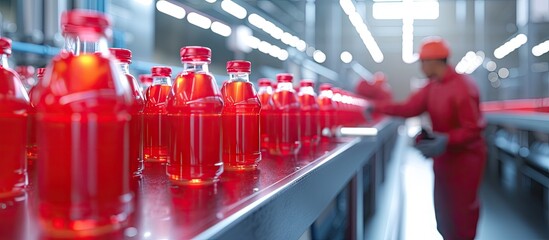 African and Caucasian worker factory are concentrating to check quality of red juice in automatically product line of beverage industry. with copy space image. Place for adding text or design