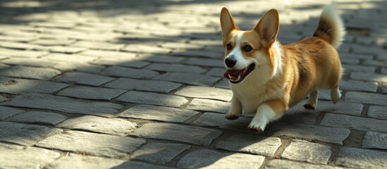 Happy little corgi dog running on gray paving stones outdoors on summer day Purebred dog pet domestic animal beautiful small doggy Brown fluffy cute puppy walking near house yard