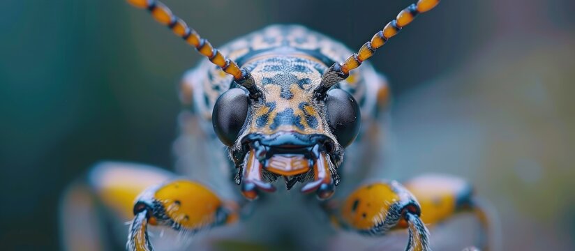 This close-up view showcases the stunning beauty of a majestic Longhorn Beetle Hesperophanes Sericeus on a vibrant green background. The intricate details of the bugs exoskeleton are prominently
