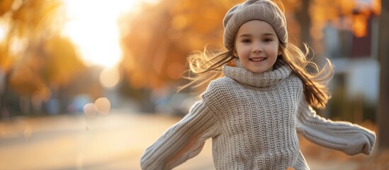 Active girl in warm sweater plays running in nature enjoying cool autumn air Little girl runs past village street on autumn day twilight Positive girl runs across countryside to bright sunset - obrazy, fototapety, plakaty