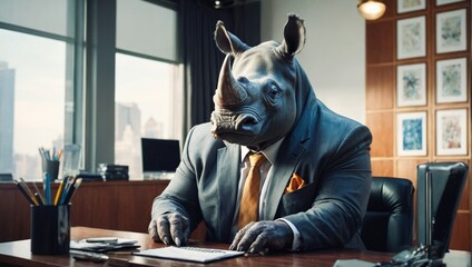Boss rhinoceros animal concept Anthropomorphic wearing suit formal business suit to works in corporate office  workplace in the personal company