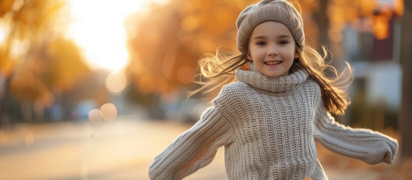 Active Girl In Warm Sweater Plays Running In Nature Enjoying Cool Autumn Air Little Girl Runs Past Village Street On Autumn Day Twilight Positive Girl Runs Across Countryside To Bright Sunset