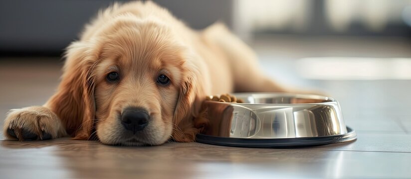 Lovely golden retriever puppy lying on rug near feeding bowl at home. with copy space image. Place for adding text or design