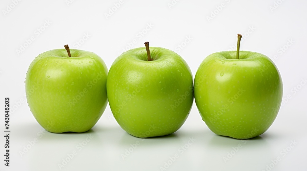 Poster Close-up realistic photo featuring three crisp green apples on a white background Generative AI