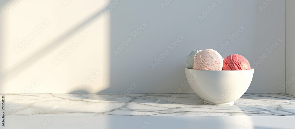 Poster Bowl with ice cream with three different scoops of white brown and red colors close up over white table. with copy space image. Place for adding text or design