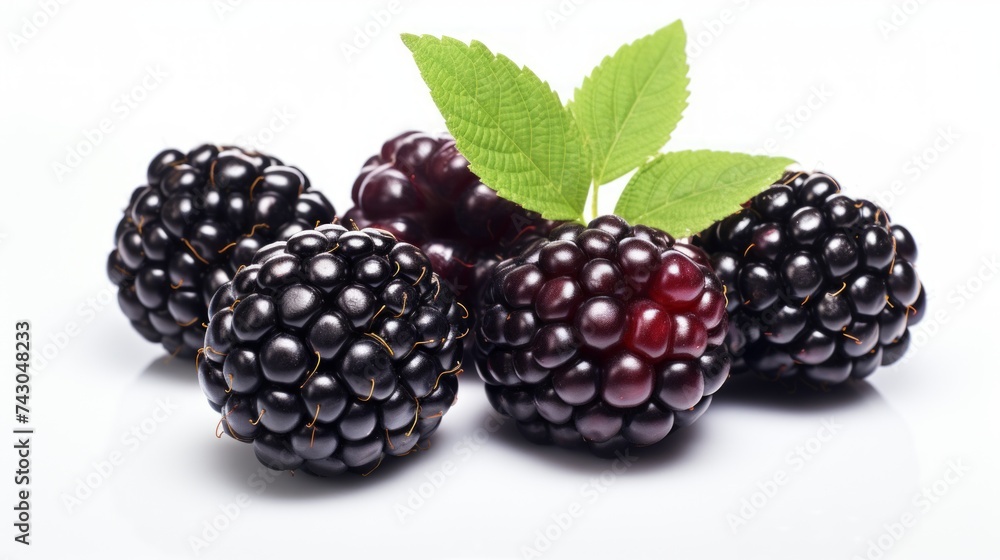 Poster close-up realistic photo featuring three juicy blackberries on a white background generative ai