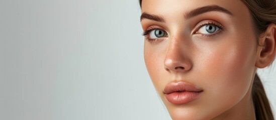 Before After Young Woman Aesthetic Facelift Rhinoplasty Nose And Mid Face Surgery. with copy space image. Place for adding text or design