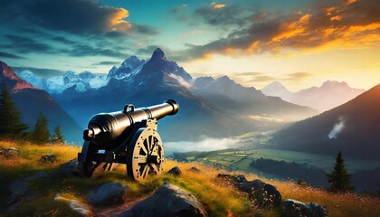 cannon in the mountains - obrazy, fototapety, plakaty