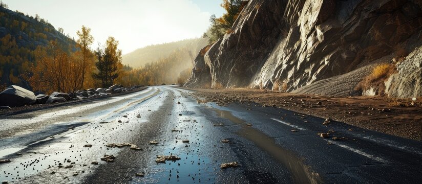 asphalt road damaged by a landslide in a mountain area. with copy space image. Place for adding text or design