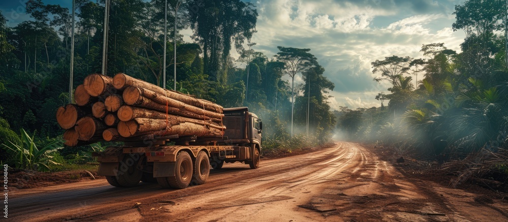 Poster gandu bahia brazil october 6 2022 truck loading wood log from deforestation of rainforest in souther
