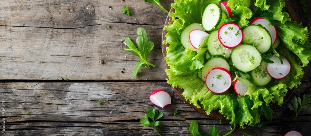 Aufkleber Falafel burger with addition of fresh cucumber radish and Iceberg lettuce on a wooden rustic table Healthy and delicious vegetarian dish. with copy space image. Place for adding text or design