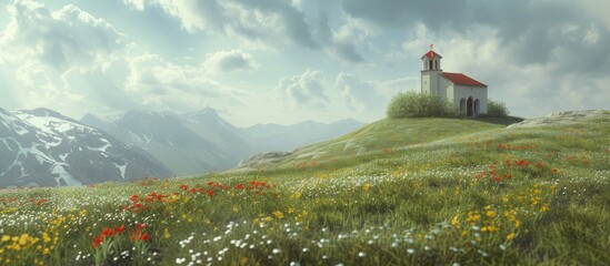 hill top chapel and alpine meadow. with copy space image. Place for adding text or design - obrazy, fototapety, plakaty