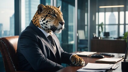 Boss leopard animal concept Anthropomorphic wearing suit formal business suit to works in corporate office  workplace in the personal company