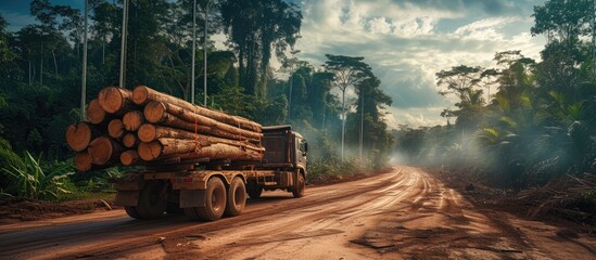 gandu bahia brazil october 6 2022 truck loading wood log from deforestation of rainforest in southern Bahia. with copy space image. Place for adding text or design - obrazy, fototapety, plakaty