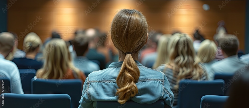 Leinwandbilder Audience listens lecturer at workshop in conference hall rear view. with copy space image. Place for adding text or design