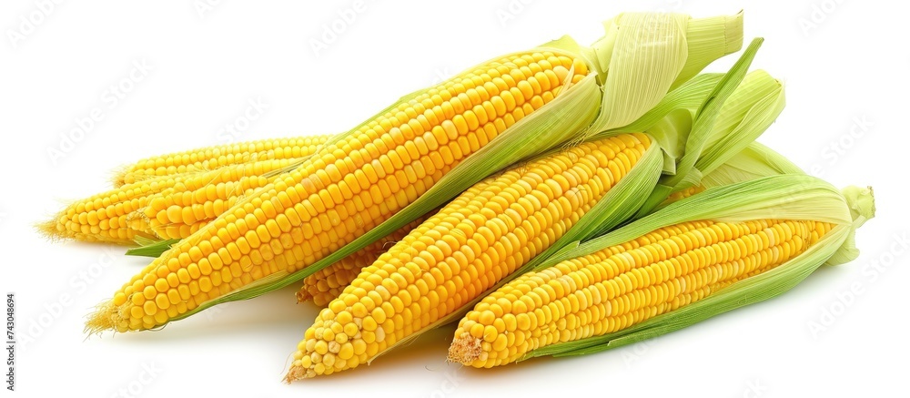 Poster ripe corn cob with dry husk leaves and kernels pile isolated on white background. with copy space im