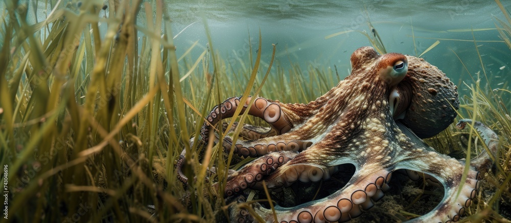 Aufkleber Common Octopus Octopus vulgaris climbing out of its den surrounded by seagrass. with copy space image. Place for adding text or design