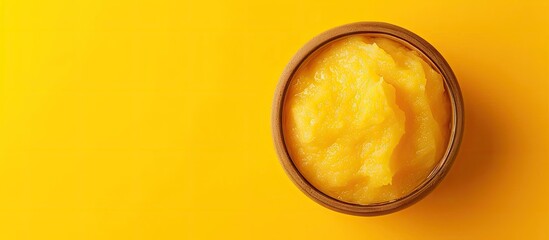 Yellow cosmetic mask scrub in a bowl top view. with copy space image. Place for adding text or design - obrazy, fototapety, plakaty