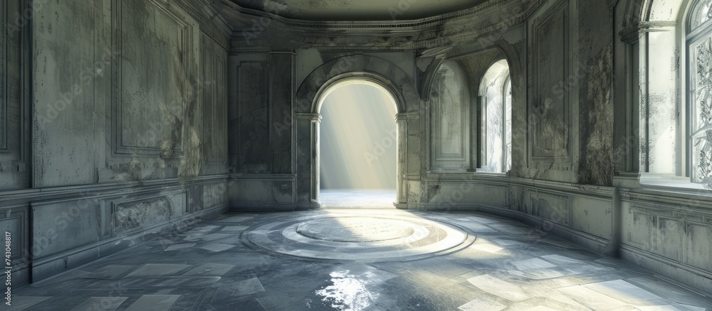 Poster old ruined abandoned mansion interior of round hall. with copy space image. place for adding text or