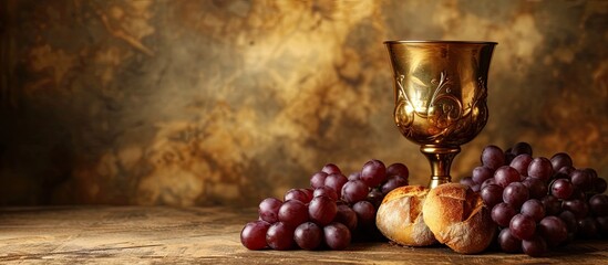 Grapes and holy bread next to a golden chalice with wine. with copy space image. Place for adding...