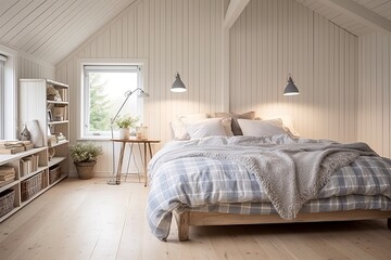 Fototapeta na wymiar Scandinavian Coastal Cottage Bedroom Inspiration: Serene Ambiance with Floor Lamp by Bed