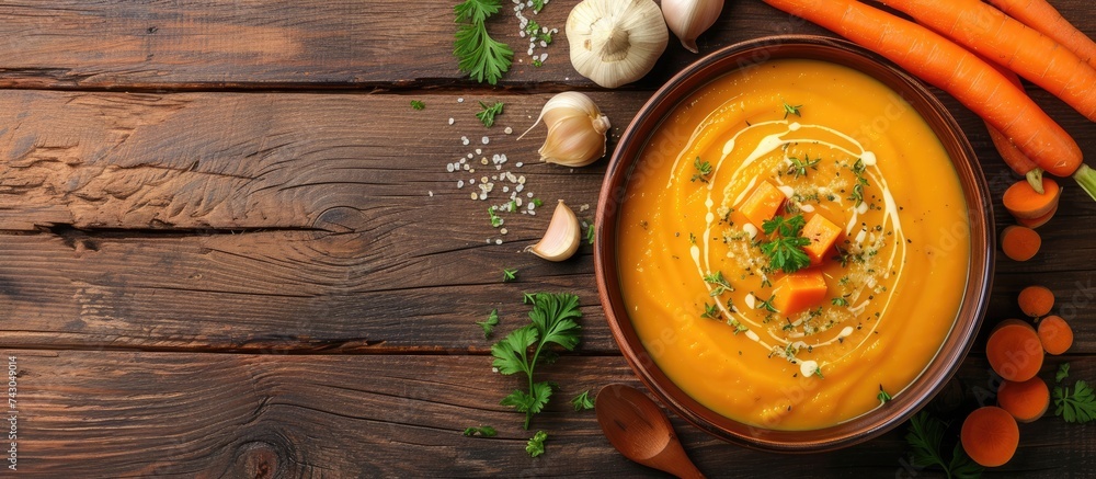 Poster Soup with sweet potatoes carrots pumpkin Flat lay top view. with copy space image. Place for adding text or design