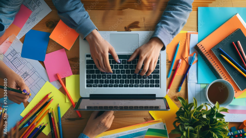 Poster top view of a workspace with hands typing on a laptop keyboard, surrounded by colorful stationery