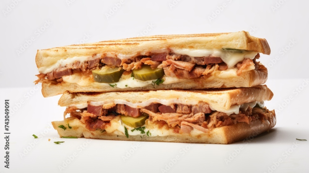 Poster close-up realistic photo of a mouthwatering cubano sandwich on a white background generative ai