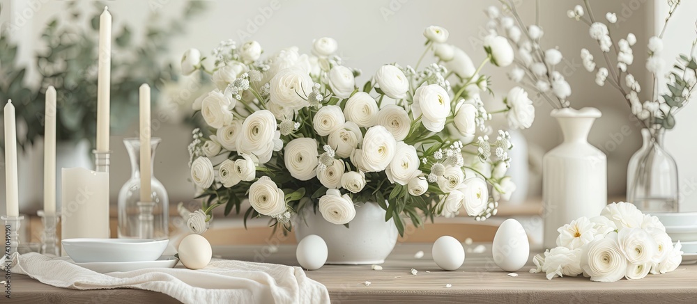 Aufkleber bouquet of white ranunculus flowers persian buttercup flowers and easter table decoration with goose