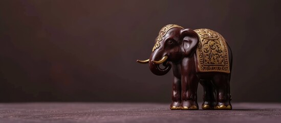 Golden indian elephant on table Decorative elephant statue Small elephant Little brown and gold decorative feng shui statuette of elephant. with copy space image. Place for adding text or design - obrazy, fototapety, plakaty