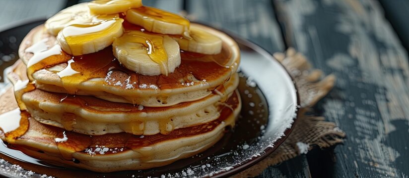 pancakes with banana and syrup on white plate. with copy space image. Place for adding text or design