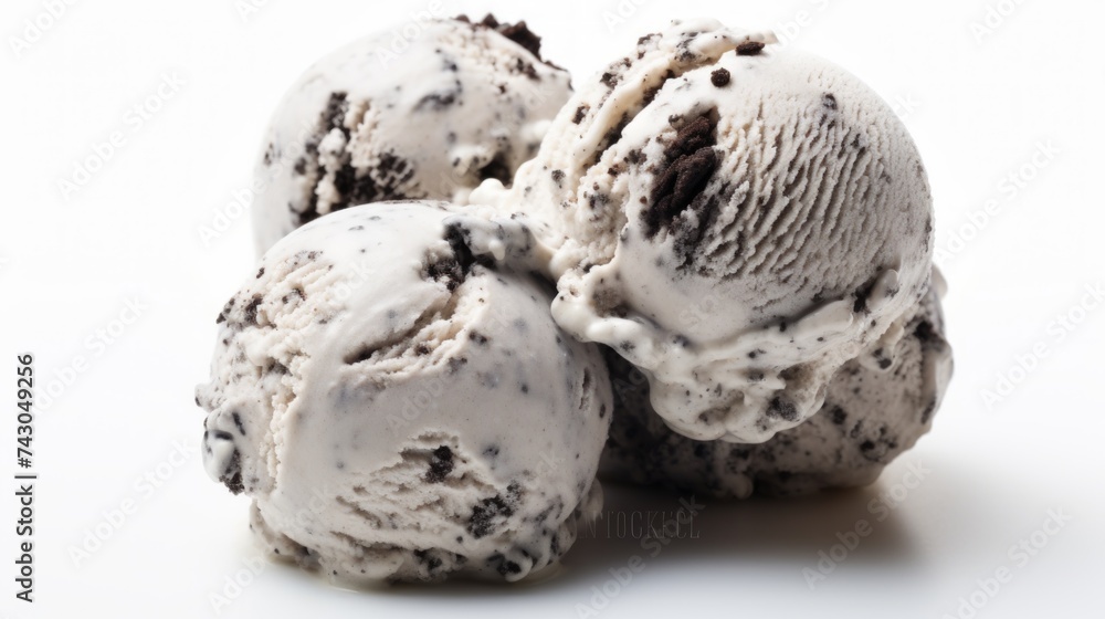 Poster Close-up realistic photo of three scoops of decadent cookies and cream ice cream on a white background Generative AI