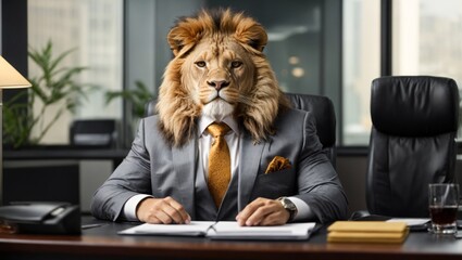 Boss lion animal concept Anthropomorphic wearing suit formal business suit to works in corporate office  workplace in the personal company