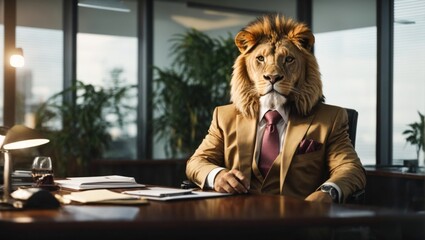 Boss lion animal concept Anthropomorphic wearing suit formal business suit to works in corporate office  workplace in the personal company