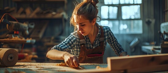 Young woman is training to be a carpenter in workshop. with copy space image. Place for adding text...