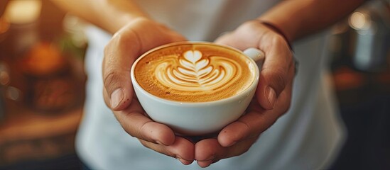 Coffee milk and hands of man in cafe for cappuccino breakfast and caffeine beverage Relax espresso and dairy with barista in coffee shop with latte art for retail mocha and drink preparation - obrazy, fototapety, plakaty