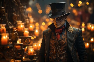 a man in a top hat and mask is standing in front of candles