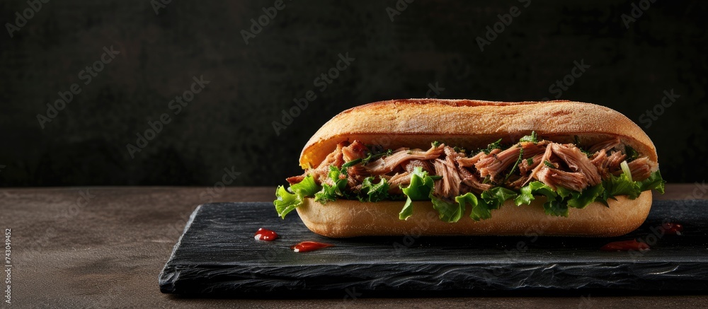 Poster traditional barbecue pulled pork piece of bosten butt as sandwich with lettuce as closeup on a black