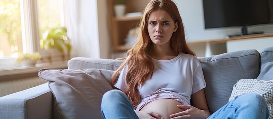 Close up of sick young female suffering stomach pain from food poisoning sitting on grey sofa at home Unhealthy girl holding belly suffering from abdomen tummy pain Woman gastritis health probl - obrazy, fototapety, plakaty