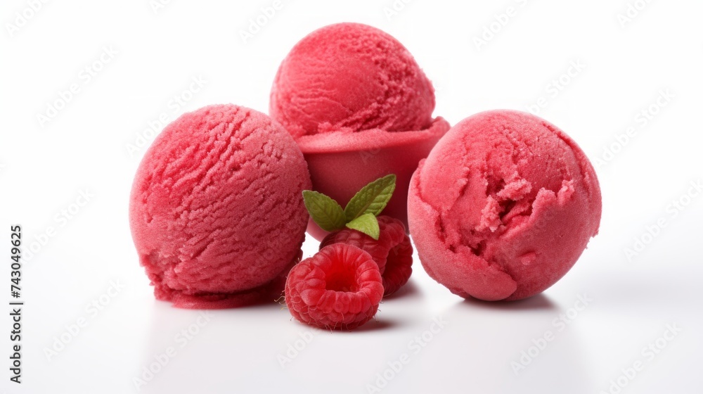 Aufkleber Close-up realistic photo of three scoops of raspberry sorbet on a white background Generative AI
