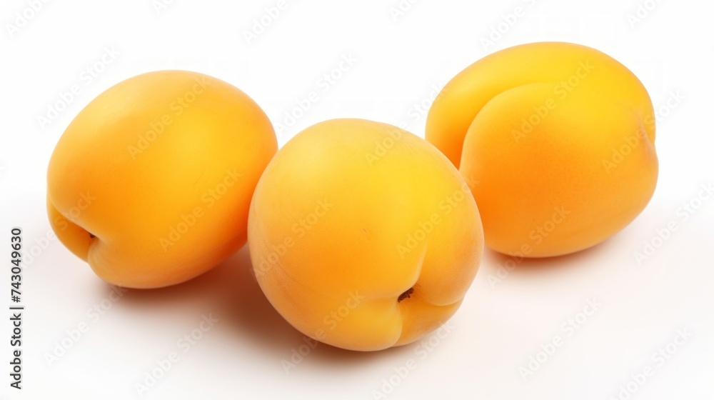 Poster close-up realistic photo of three sweet, golden apricots on a white background generative ai