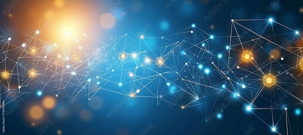 Poster abstract futuristic molecules with geometric patterns on dark blue for network technology concept.