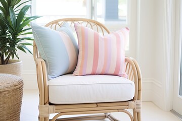 Coastal Rattan Armchair: Distressed Furniture Living Room Inspirations with Pastel Cushion