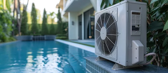 Foto op Canvas Outdoor Swimming Pool Heating by Heat Pump HVAC Technician Testing New Device Next to the Pool. with copy space image. Place for adding text or design © vxnaghiyev