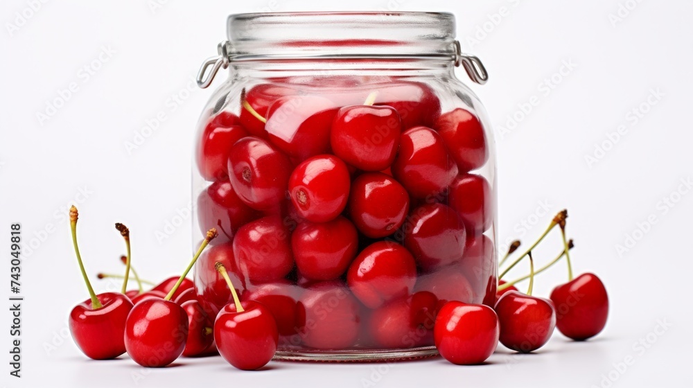Poster close-up realistic photo showcasing a glass jar packed with sweet red cherries against a white backg