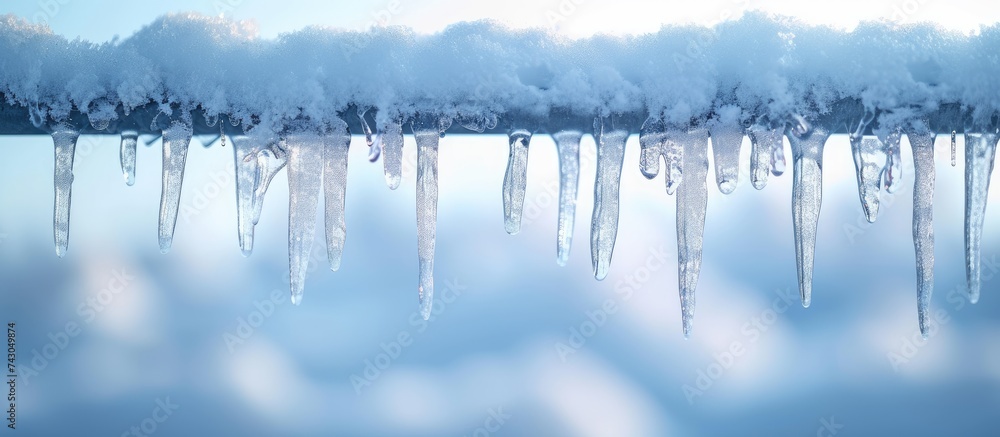 Poster water drops dripping from tiny icicles melting on edge of roof covered in snow on warm winter day. w