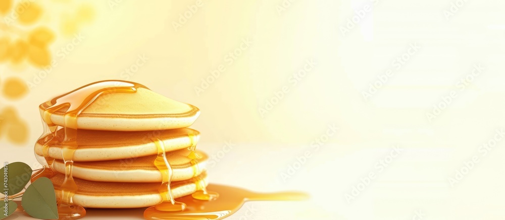 Wall mural texture of fresh pancakes with fragrant maple syrup and honey. with copy space image. place for addi